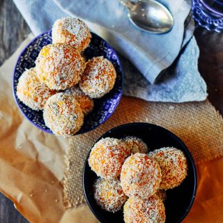 Healthy and easy to make sugar free mango and coconut protein ball recipe with 19 grams of protein