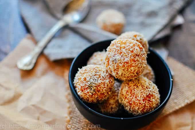 a bowl of mango bliss balls