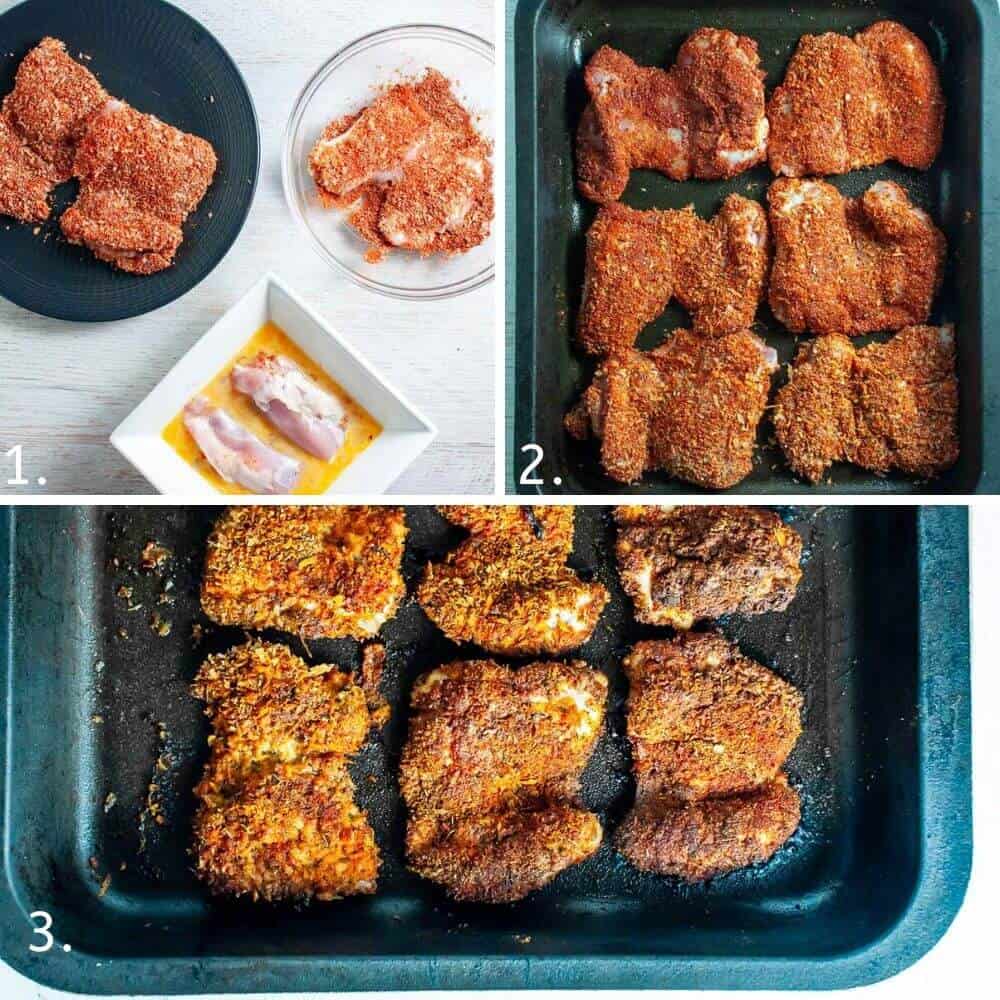 crumbing the chicken in the spices and arranging in a baking tray