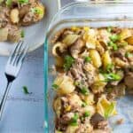 Tuna pasta bake in a glass casserole dish