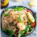 Light and juicy lemon garlic prawn pasta with wholemeal spaghetti