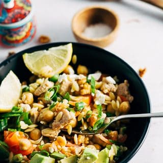 Chicken Risoni Salad with fork in bowl