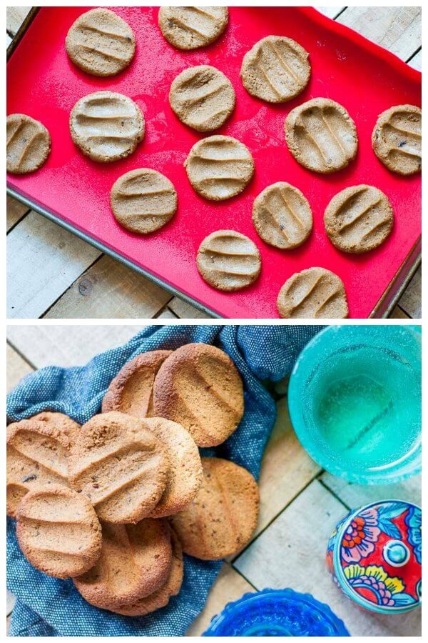 Photo collage of uncooked ginger biscuits on tray and cooked biscuits on a blue tea towel