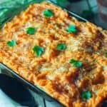 large rectangle casserole dish with shepherds pie lasagne