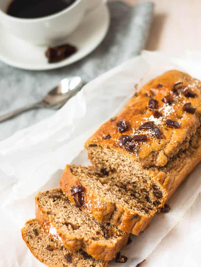 Slices of healthy date loaf on baking paper