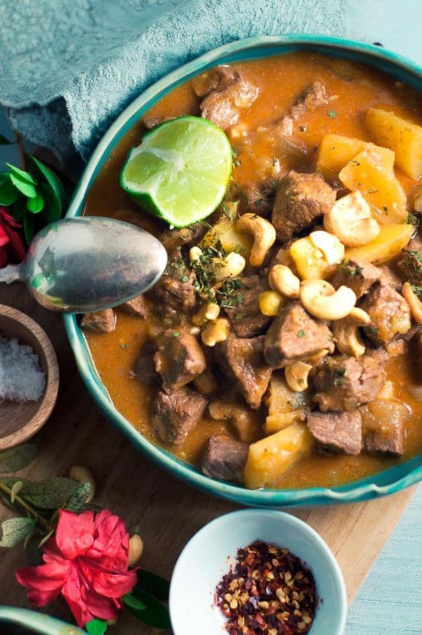 Pressure Cooker Massman Beef Curry Overhead in a blue bowl