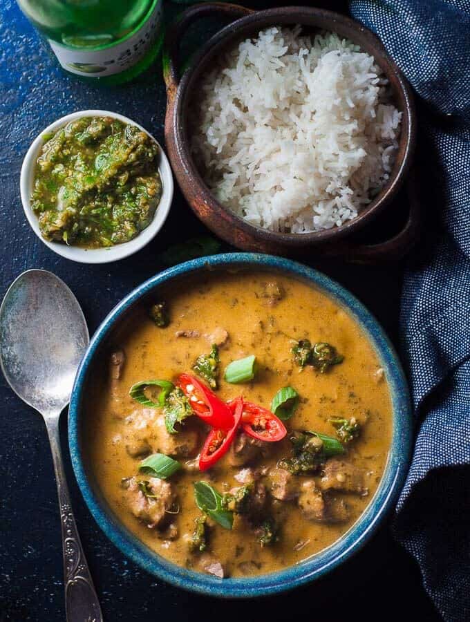 a bowl of pressure cooker beef curry with rice