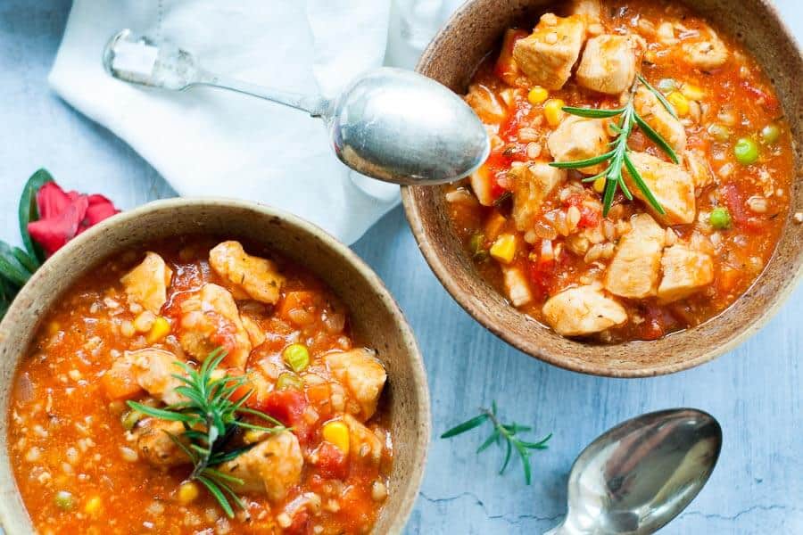 overhead close up 2 bowls pressure cooker chicken stew