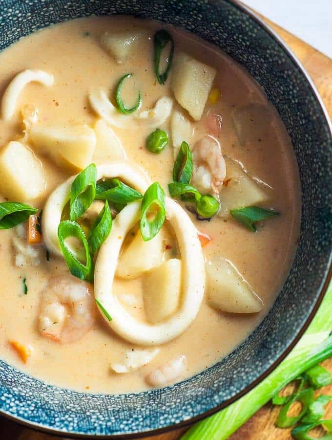 Seafood Chowder with cream cheese close up