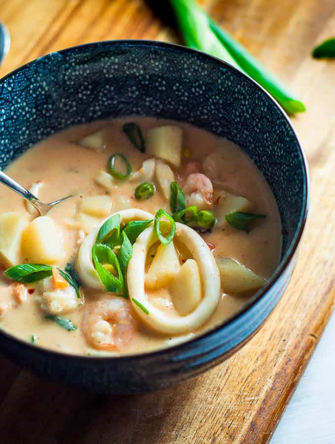 Seafood Chowder with cream cheese side angle