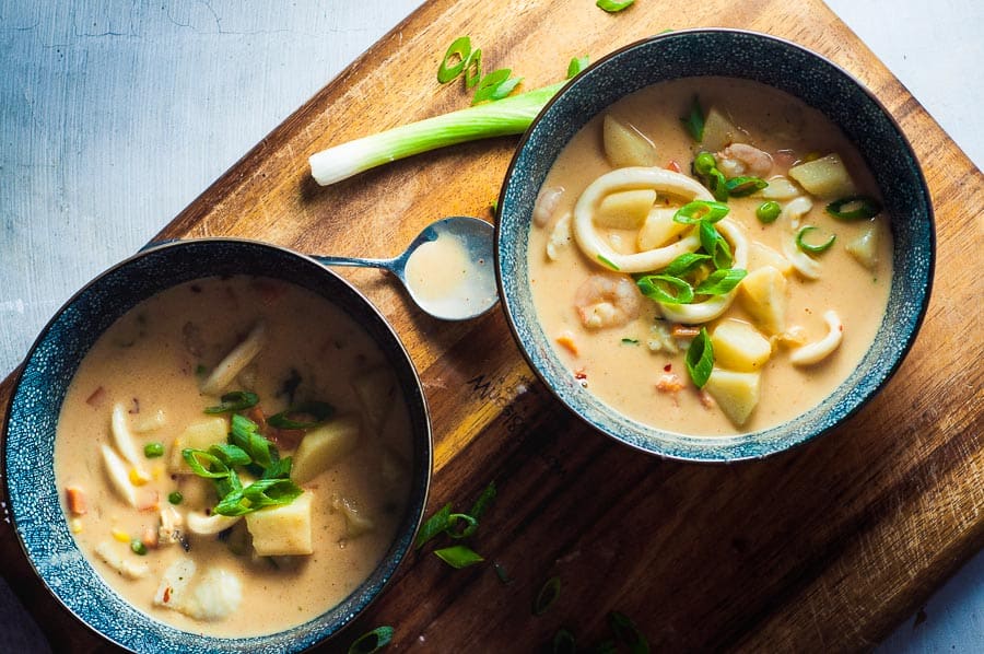 2 bowls of Seafood Chowder with cream cheese