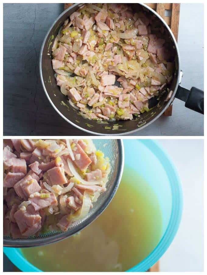 saucepan of bacon, leek and onion