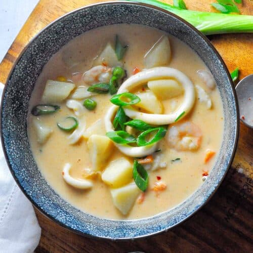 a bowl of seafood chowder