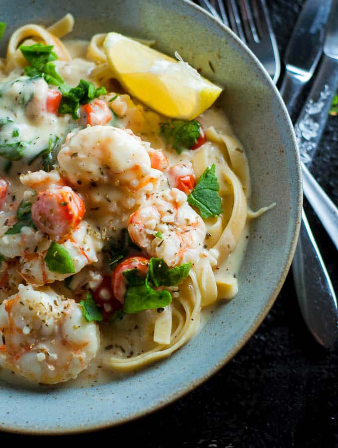 Creamy garlic prawn fettucine close up