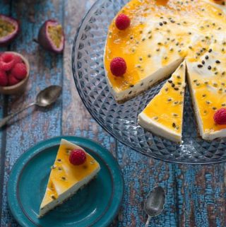 no bake passionfruit cheesecake on a serving platter