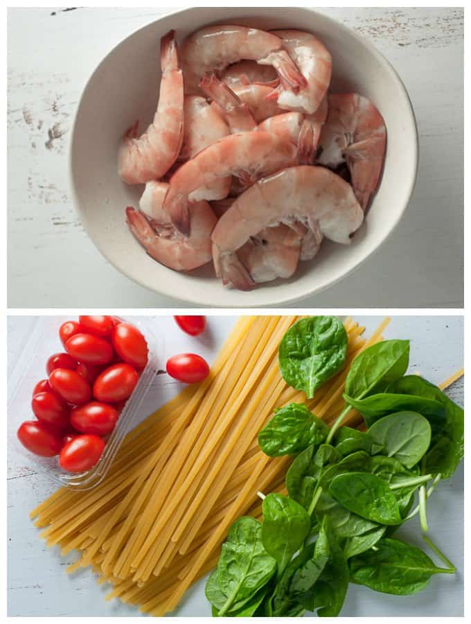 prawns, tomatoes, spinach pasta