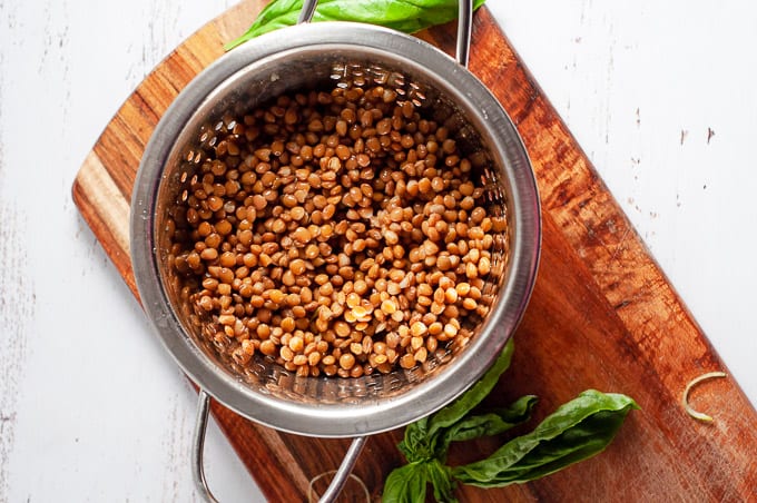 Strainer with brown lentils