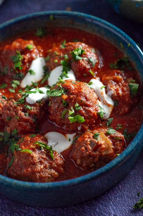 Close up of Slow Cooker Moroccan Meatballs in sauce