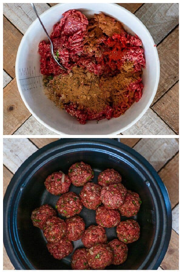 preparing the meat with spices and rolling into meatballs