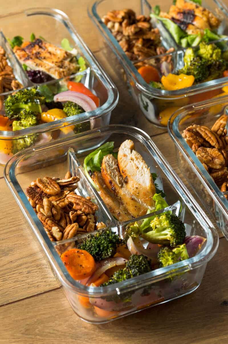 Glass containers with food in from batch cooking