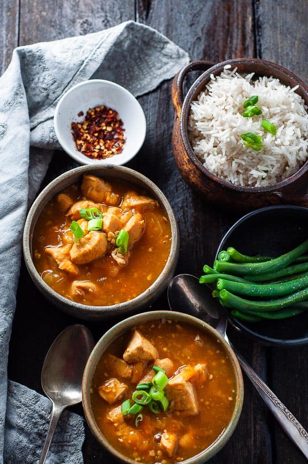 Pressure Cooker Apricot Chicken with rice and green beans