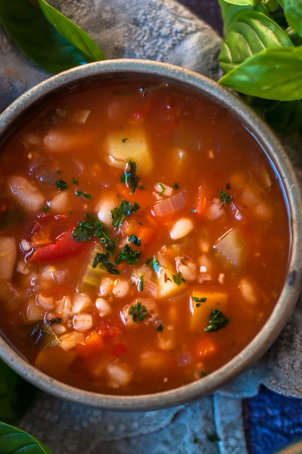 Close up of vegetable and barley soup