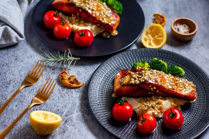 Two plates of lemon garlic butter salmon 