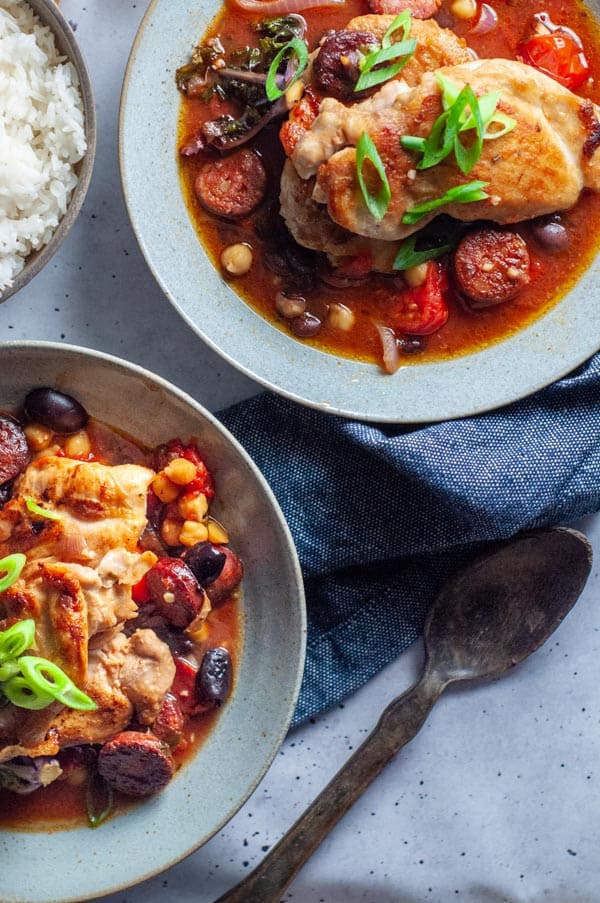 two bowls of spanish chicken tray bake