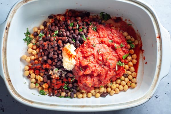 casserole dish with lentils and tomato