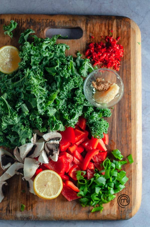 stirfry vegetables on a chopping board