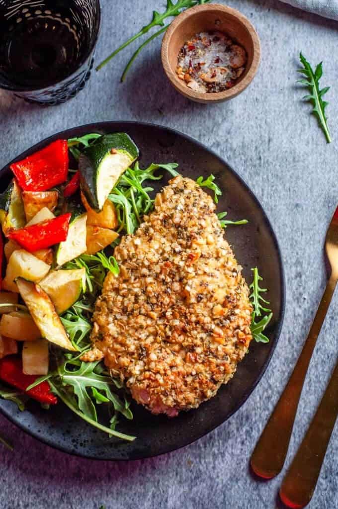 Quinoa Crusted Chicken with roast vegetables