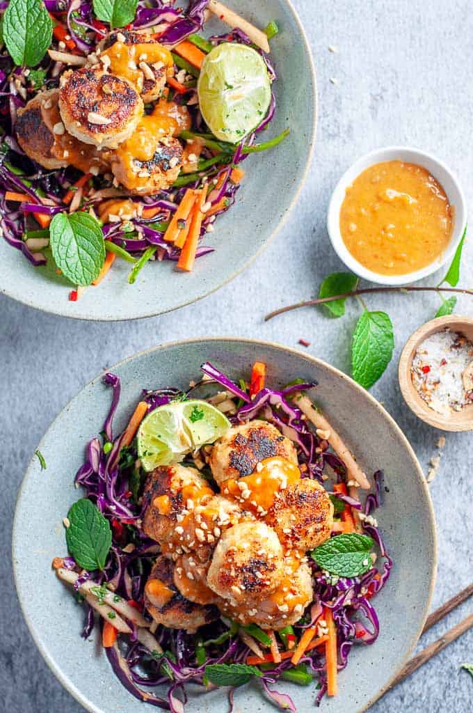 Thai chicken meatballs with spicy peanut sauce