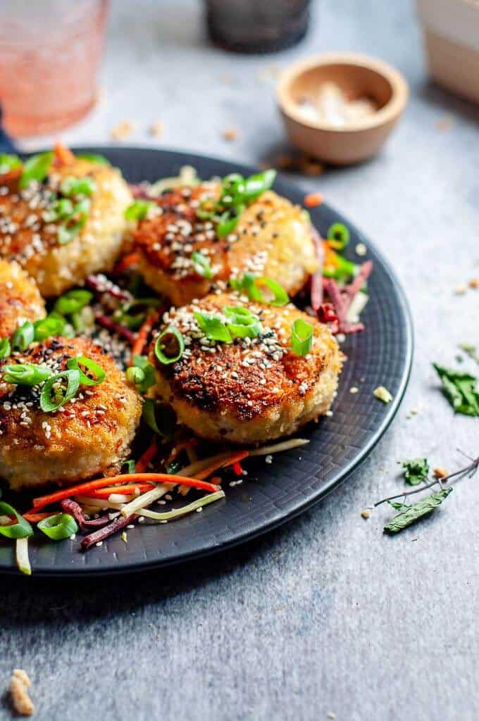 chicken rissoles on a plate with salad