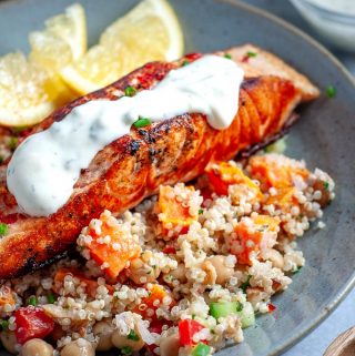 Salmon quinoa salad with creamy dressing