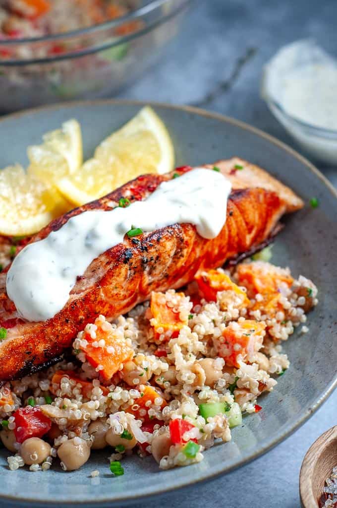 Salmon quinoa salad with creamy dressing