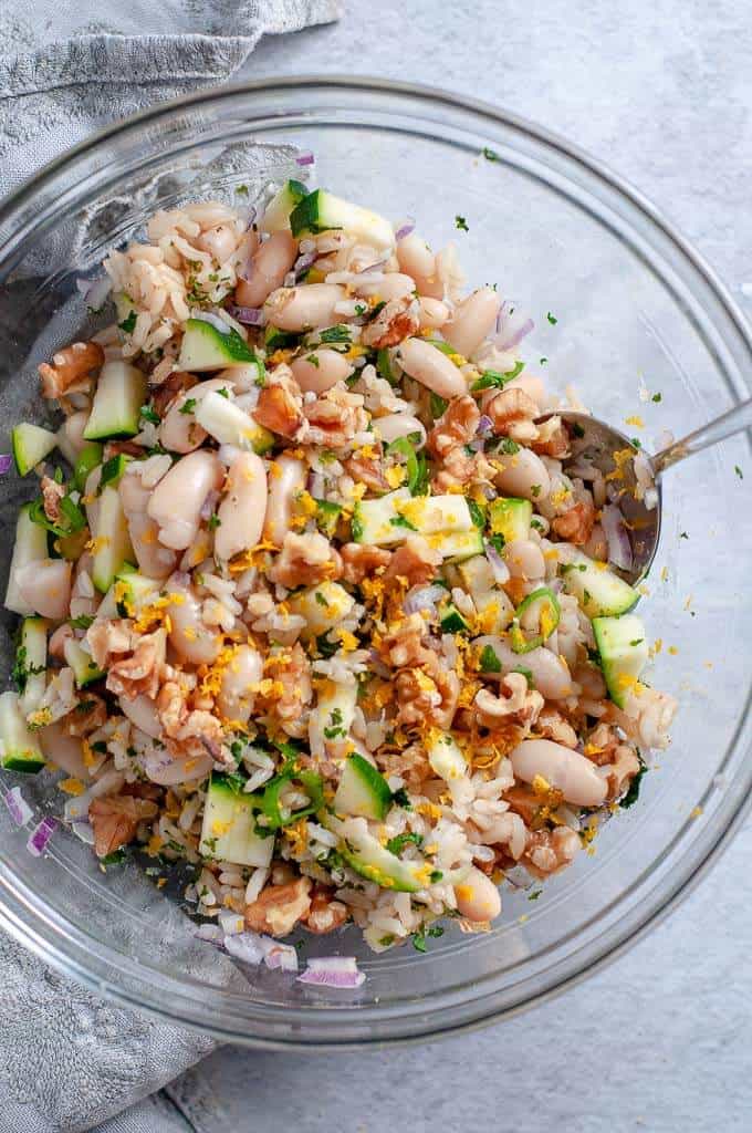 a bowl of brown rice salad