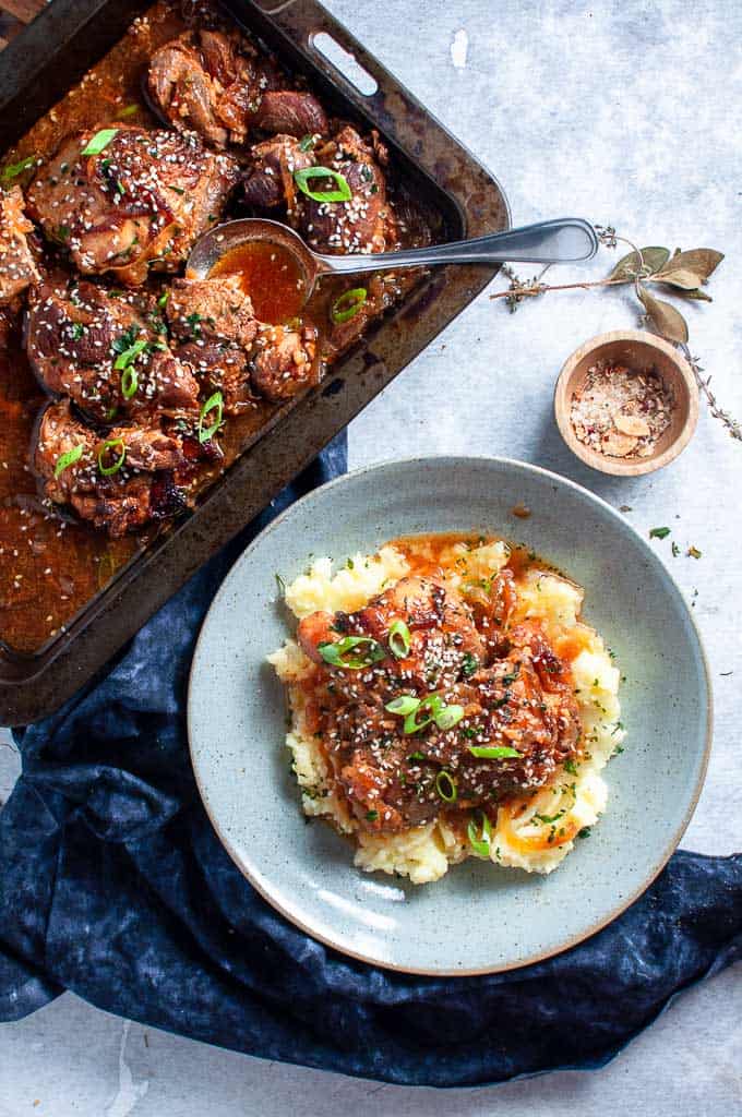 Slow Cooker Lemon Chicken and Potatoes in baking tray