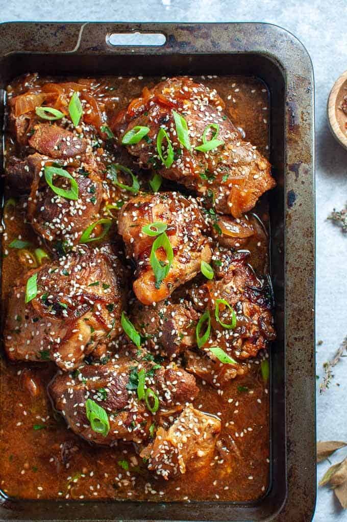 Slow Cooker Lemon Chicken and Potatoes in a baking tray