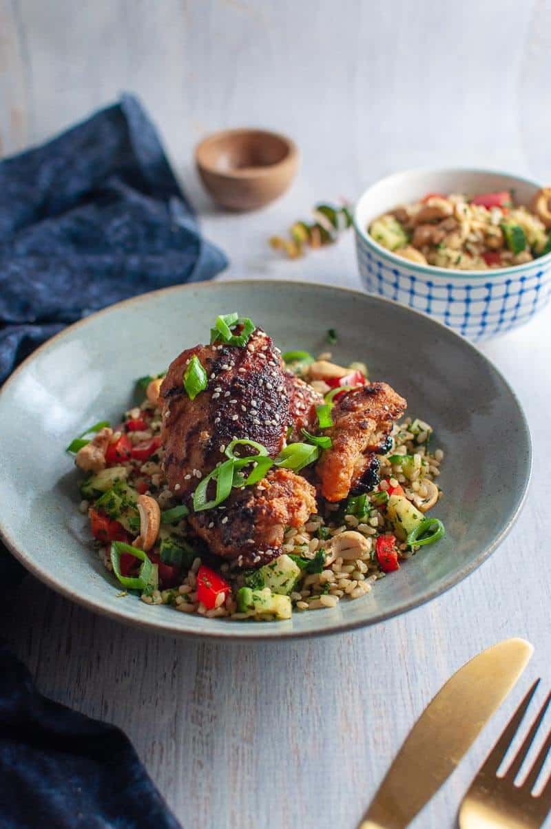 Sticky asian glazed chicken with herb rice