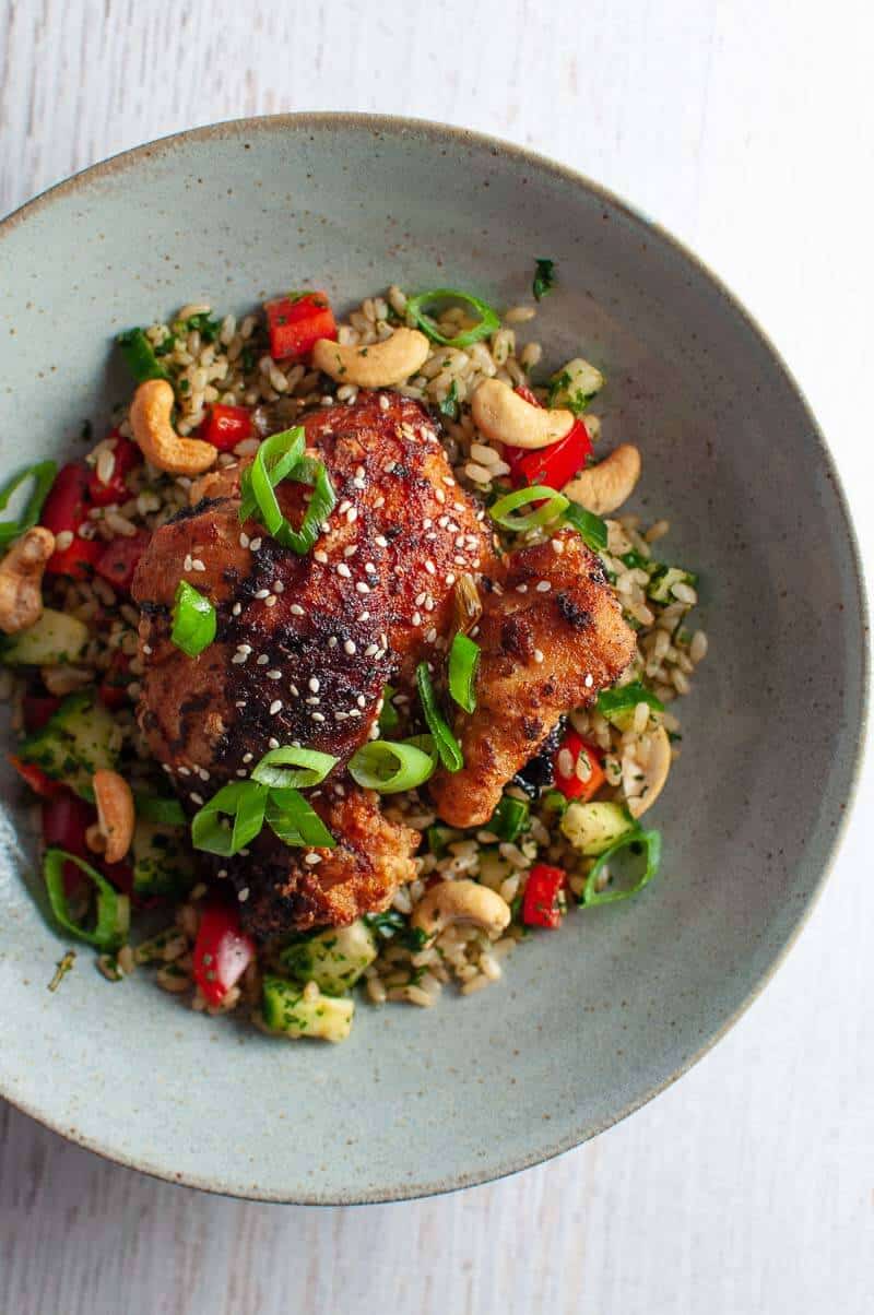 Sticky asian glazed chicken with herb rice