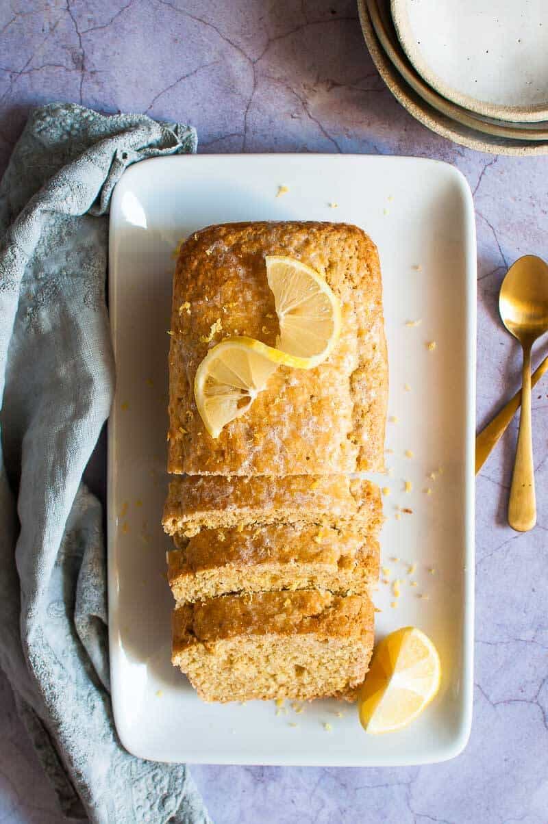 Slices of sugar free lemon loaf on a white platter