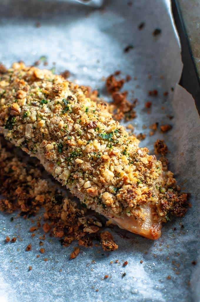 walnut crumbed salmon in baking tray