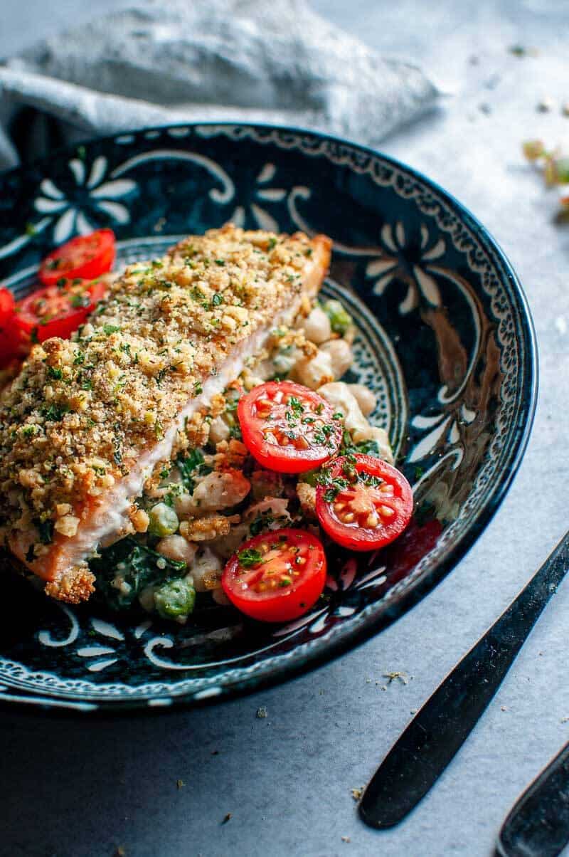 walnut crumbed salmon with salad