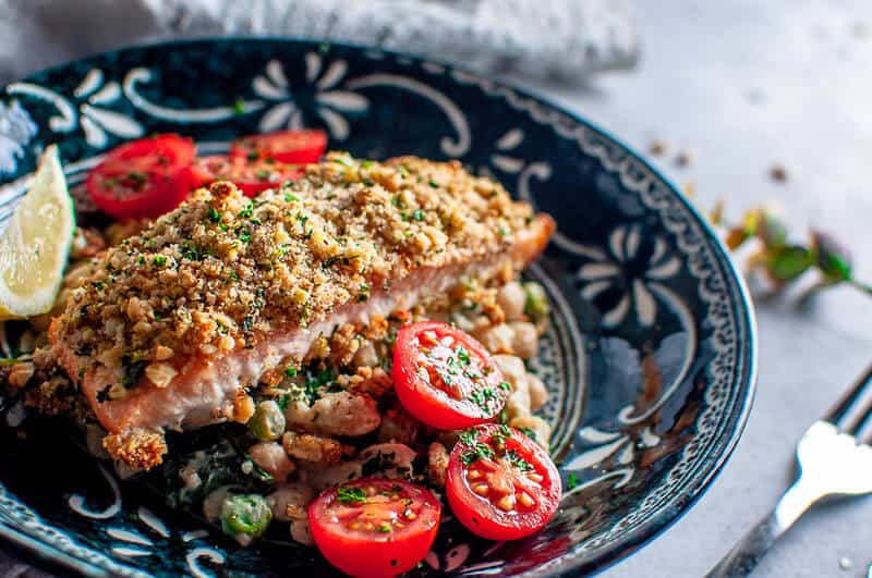 walnut crumbed salmon with tomatoes