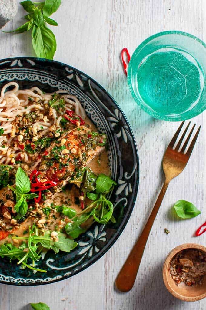 Coconut Lime Salmon with noodles, basil and chilli