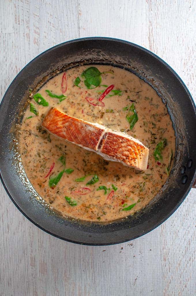 Salmon in Coconut Milk Lime Sauce  in a pan