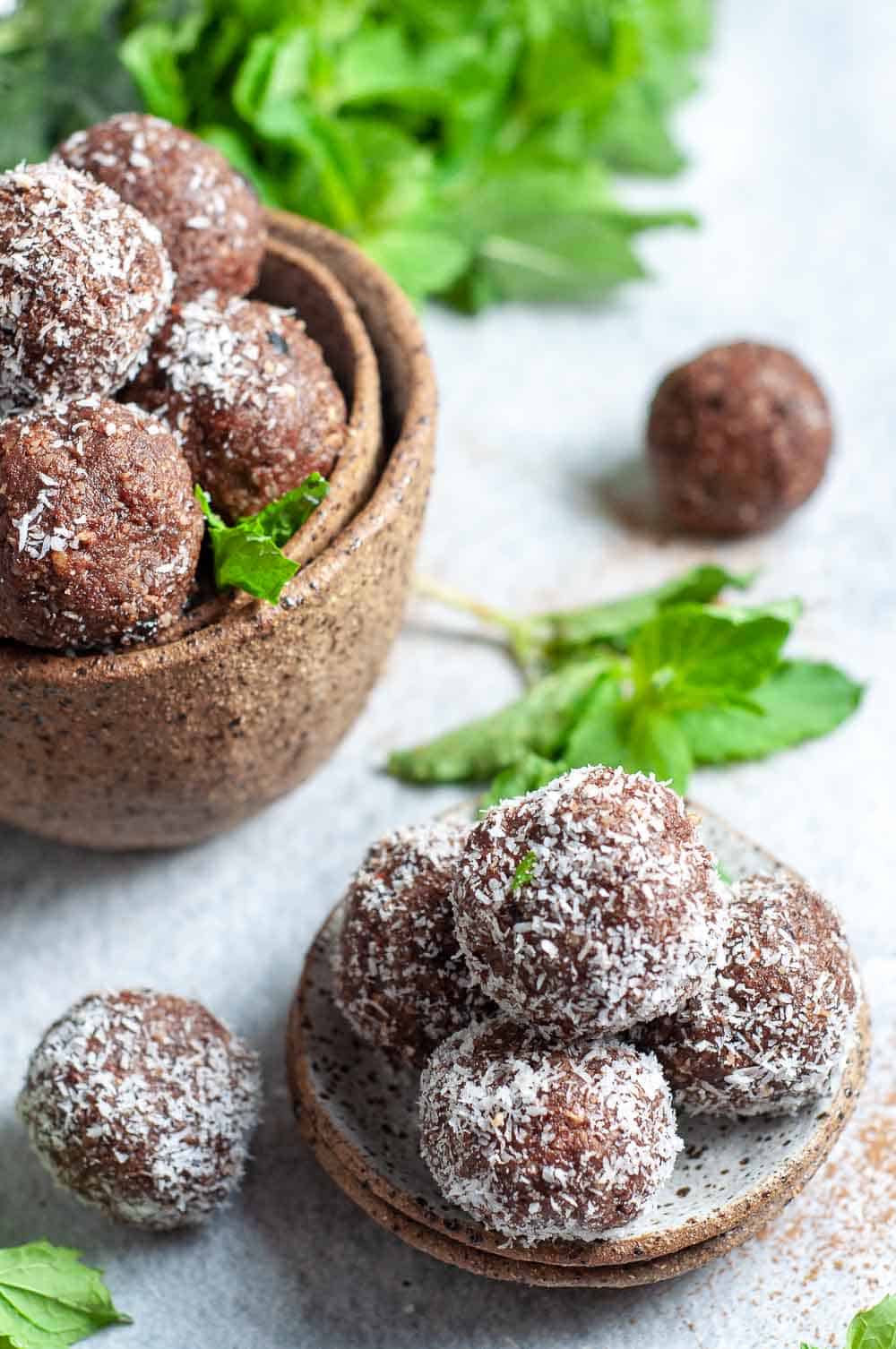 A bowl of Choc Mint Bliss Balls 