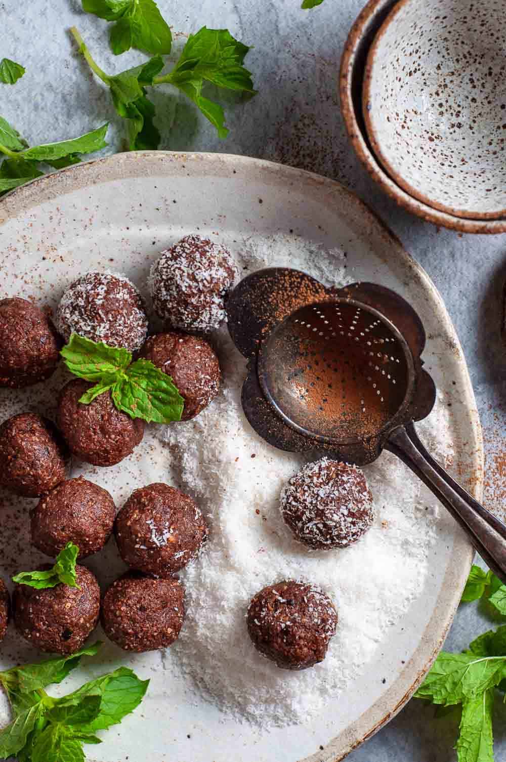 Choc Mint Bliss Balls on a plate