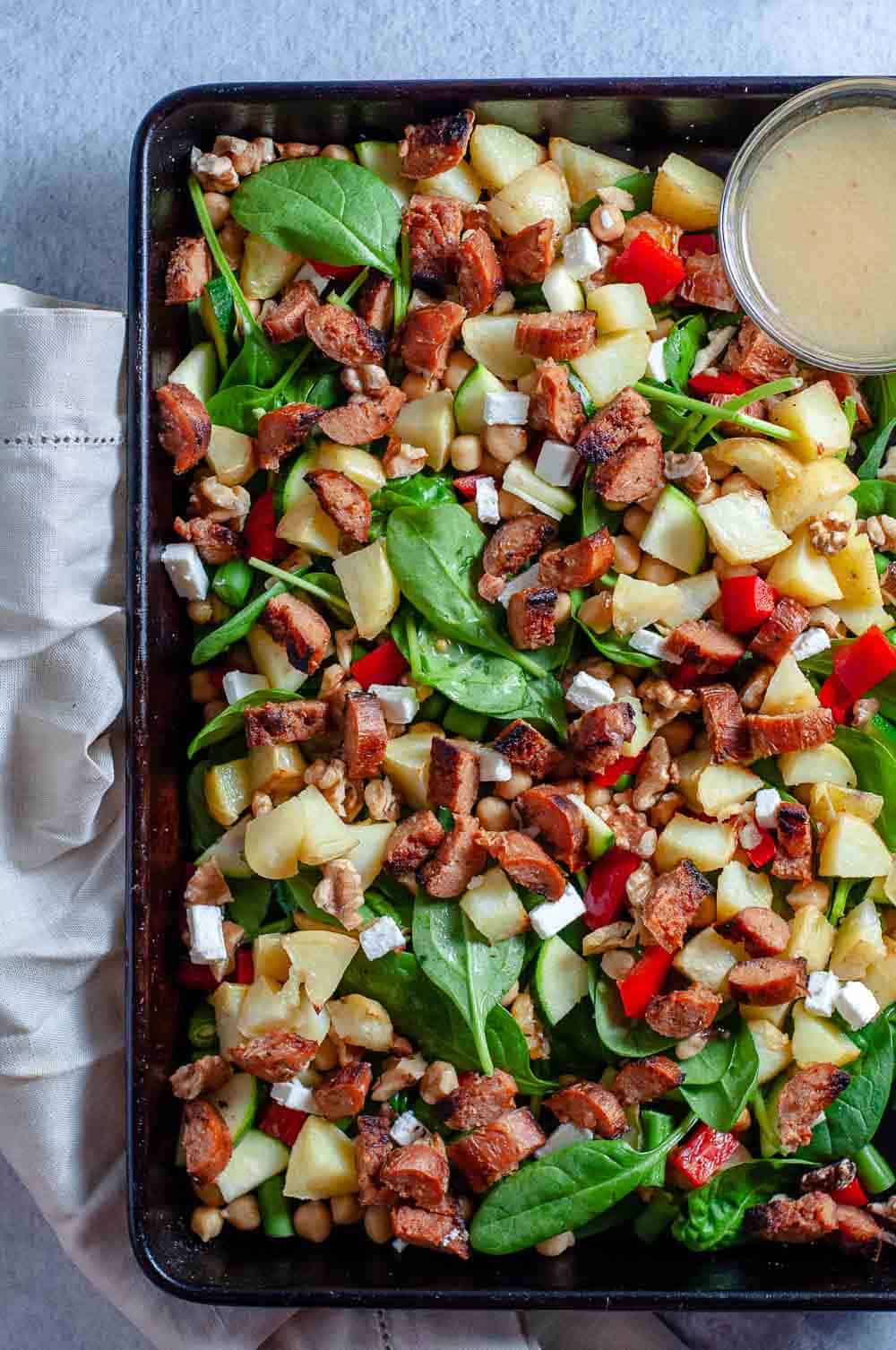 Sheet pan with summer sausage salad