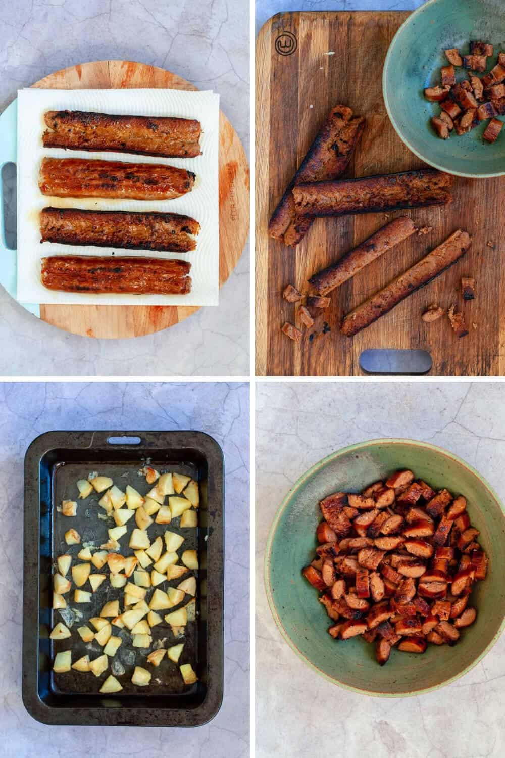 preparing the sausages for the salad